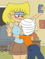 bare_breasts big_breasts biting_lip blushing character:lincoln_loud character:lori_loud holding_object loricoln nipple_outline phone selfie shorts tagme // 1384x1820 // 271KB