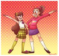 2017 artist:azulmimi99 character:luan_loud character:mabel_pines clothes_swap cosplay crossover gravity_falls hand_on_hip looking_at_another pose raised_arm smiling // 1003x969 // 619KB