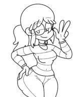 2022 artist:juicyunknown big_ass character:fiona looking_at_viewer peace_sign solo thick_thighs wide_hips // 1249x1526 // 259.2KB
