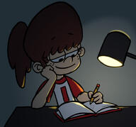 2017 arm_support character:lynn_loud drawing half-closed_eyes hand_support heart lamp looking_down notebook pencil smiling solo table // 1000x932 // 135KB