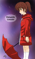 artist:kurazao character:lynn_loud dialogue looking_to_the_side raincoat solo spanish umbrella // 722x1200 // 388.7KB