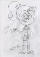 2016 artist:julex93 character:luan_loud half-closed_eyes hand_on_hip holding_object horn instrument looking_at_viewer sketch smiling solo text // 336x477 // 46.5KB