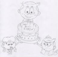2017 artist:julex93 birthday cake character:lana_loud character:lincoln_loud character:lola_loud eating frowning looking_at_viewer sketch smiling text // 850x837 // 158KB