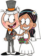2018 alternate_outfit artist:nintendomaximus blushing bouquet bow_tie character:lincoln_loud character:ronnie_anne_santiago holding_arm holding_object looking_at_another ronniecoln smiling suit top_hat wedding wedding_dress // 307x417 // 166.8KB