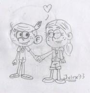 2016 artist:julex93 character:lincoln_loud character:ronnie_anne_santiago half-closed_eyes hand_holding heart looking_at_another ronniecoln sketch smiling // 353x363 // 43KB