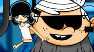2017 artist:phil_el_mago character:lincoln_loud character:lucy_loud cosplay dancing gorillaz midriff open_mouth parody smiling sunglasses // 1200x664 // 364KB