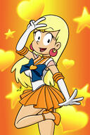 alternate_outfit artist:takeshi1000 character:leni_loud cosplay gloves high_heels looking_at_viewer peace_sign pose raised_leg sailor_moon smiling solo // 1405x2107 // 1.2MB