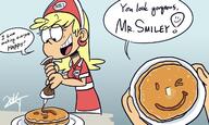 2016 alternate_outfit artist_request character:leni_loud dialogue food holding_object pancakes smiling text // 1280x768 // 153KB