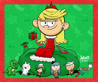2018 alternate_outfit artist:julex93 character:hilda character:lincoln_loud character:lola_loud christmas christmas_dress christmas_outfit cookies crown doll gift glass hammer hand_support holding_object looking_at_viewer milk santa_bag sitting smiling solo // 3000x2500 // 2.1MB