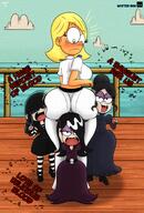 artist:mysterbox ass ass_on_face background_character big_ass big_breasts blushing character:haiku character:lucy_loud character:persephone half-closed_eyes hands_on_ass hug hugging looking_at_viewer looking_back open_mouth rear_view smiling text thick_thighs wide_hips // 1250x1850 // 2.2MB