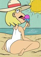 2020 alternate_outfit artist:stikyfinkaz ass beach big_ass character:rita_loud eating feet food half-closed_eyes hat ice_cream looking_at_viewer on_knees one_piece_swimsuit open_mouth solo sun swimsuit thick_thighs tongue_out water wide_hips // 2941x4096 // 1.3MB