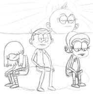 2016 artist:duskull character:lily_loud character:lincoln_loud character:luan_loud character:lucy_loud group meme parody sitting sketch // 585x591 // 156KB