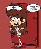 artist:hannaperan098 character:lynn_loud dialogue holding_object looking_at_viewer lynncoln nurse smiling source_request syringe // 1280x1544 // 201.1KB