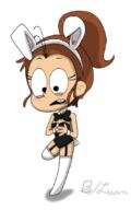 2017 alternate_outfit artist:marshuman blushing bow_tie bunny_ears bunny_tail bunnysuit character:luan_loud coloring colorist:bfly hold_up_stockings open_mouth raised_leg solo // 675x1080 // 247KB