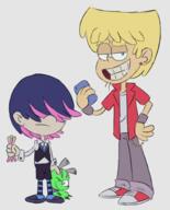 2017 alternate_outfit artist:itoruna_the_platypus character:lars_loud character:loki_loud cosplay doll genderswap hand_on_hip holding_object looking_at_viewer panty_&_stocking parody phone raised_eyebrow smiling // 1614x1997 // 1011KB