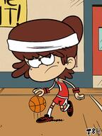 2021 alternate_outfit artist:taki8hiro ball basketball character:lynn_loud frowning looking_at_viewer solo sports sportswear sweatband // 3000x4000 // 3.0MB