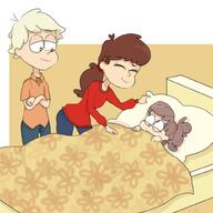 arms_crossed artist:pyg bed bending_over character:lacy_loud character:lincoln_loud character:lynn_loud eyes_closed in_bed looking_at_another looking_up lying lynncoln on_back original_character pillow sin_kids smiling tagme // 1000x1000 // 408.1KB