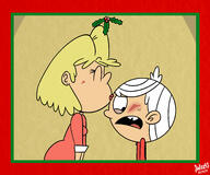 2017 alternate_oufit artist:julex93 bending_over blushing character:lincoln_loud character:rita_loud christmas embarrassed eyes_closed kissing looking_down mistletoe open_mouth ritacoln winter_clothes // 3000x2500 // 1.9MB