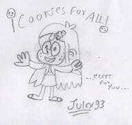 2016 artist:julex93 background_character character:cookie_qt dialogue open_mouth sketch smiling solo text // 395x372 // 43KB