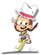 2017 alternate_outfit artist:marshuman boots braid braids character:luan_loud coloring colorist:bfly cowgirl hand_gesture hat holding_object looking_to_the_side open_mouth raised_arm rope smiling waving // 817x1080 // 317KB