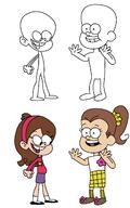 2016 artist_request character:luan_loud character:mabel_pines cheek_bulge coloring crossover fist gravity_falls looking_down open_mouth sketch smiling style_parody // 808x1292 // 58.4KB
