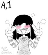 2017 artist:jumpjump blushing character:lucy_loud hand_gesture looking_at_viewer peace_sign sketch smiling solo steam sweat tongue_out // 1280x1465 // 710KB