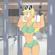 alternate_outfit artist_request character:leni_loud exercise frowning gym_clothes midriff muscular muscular_female solo source_request sweat // 1378x1378 // 205.2KB