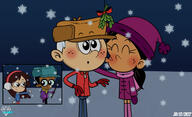 2022 alternate_outfit artist:jamesmerca50 backpack blushing character:clyde_mcbride character:lincoln_loud character:ronnie_anne_santiago character:sid_chang cheek_kiss christmas eyes_closed gloves hand_gesture hat kiss looking_at_another mistletoe ronniecoln scarf smiling snow thumbs_up unusual_pupils winter_clothes // 1280x783 // 133KB
