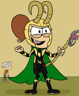 2017 alternate_outfit artist:eagc7 cane cape character:lincoln_loud character:loki_laufeyson character:luan_loud cosplay frowning holding_object horns looking_at_viewer marvel_comics shadow simple_background smiling sweat // 2365x2865 // 1.1MB