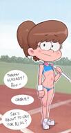 2020 artist:ta777371 blushing cameltoe character:lynn_loud dialogue embarrassed gym_clothes holding_object solo sweat // 939x1749 // 1.8MB