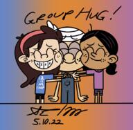 2022 aged_down artist:mirrormation63 braces character:lincoln_loud character:ronnie_anne_santiago character:sid_chang cheek_to_cheek eyes_closed hugging sidonniecoln smiling text // 819x801 // 646.0KB