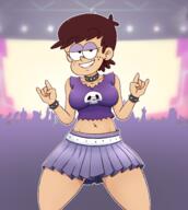 2023 artist:masterohyeah character:luna_loud concert group half-closed_eyes hand_gesture looking_at_viewer midriff on_knees smiling solo // 2713x3035 // 8.4MB