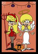 2022 aged_up angel artist:tifflovty basket character:lana_loud character:lola_loud costume devil halloween halo holding_object horns looking_at_viewer pitchfork pumpkin // 1240x1754 // 345.8KB