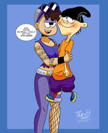2021 aged_up artist:julex93 blushing carrying character:double_d character:luna_loud crossover dialogue ed_edd_n_eddy fishnets half-closed_eyes hug hugging looking_away open_mouth smiling sunglasses text // 1280x1565 // 177KB