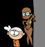 afro_puffs aged_up artist:sl0th black_history_month character:chloé_mcbride character:clyde_mcbride character:lincoln_loud colorist:misha dark-skinned_female genderswap glasses interracial size_difference thong // 1163x1201 // 263KB