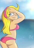 2022 aged_up alternate_outfit artist:kefy_redstar ass beach bikini character:lola_loud hand_on_head headband looking_at_viewer looking_back one_eye_closed pose smiling solo sun swimsuit two_piece_swimsuit water winking // 2039x2894 // 3.4MB