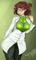 2022 aged_up artist:rodrigheto6339 big_breasts character:lisa_loud half-closed_eyes lab_coat looking_to_the_side solo tagme wide_hips // 1199x1992 // 230KB