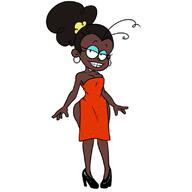 2020 afro alternate_outfit artist:sl0th character:luan_loud dark-skinned_female dress earrings eye_half_closed eye_liner heels high_heels looking_at_viewer makeup raceswap smiling solo wide_hips // 800x800 // 98KB