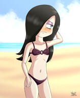 2021 alternate_outfit artist:julex93 beach bikini blushing character:haiku cleavage cloud embarrassed half-closed_eyes hand_behind_head looking_away looking_to_the_side midriff solo swimsuit water // 1800x2200 // 1.4MB