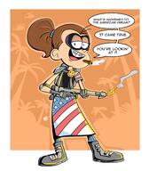 2016 alternate_outfit american_flag armor artist:incest-ary boots character:luan_loud cigar cigarette cosplay dc_comics dialogue fire flamethrower half-closed_eyes holding_object holding_weapon looking_at_viewer mask open_mouth palm_tree parody smiling smoke smoking solo superhero superhero_outfit talking_to_viewer text tree watchmen // 1280x1463 // 569KB