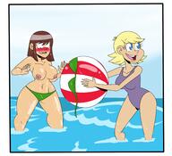 aged_up alternate_hairstyle artist:chillguydraws au:thicc_verse bare_breasts beach big_breasts bikini blushing character:lily_loud character:lisa_loud comic nipples one_piece_swimsuit open_mouth swimsuit topless wide_hips // 3300x3000 // 1.2MB