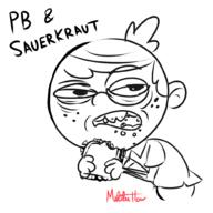 2022 artist:malibu_hour character:lincoln_loud eating food holding_food holding_object looking_at_viewer raised_eyebrow sandwich solo text // 1000x1000 // 284KB