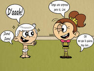 2017 aged_down artist:julex93 baby character:lincoln_loud character:luan_loud coloring dialogue diaper feet hands_behind_back looking_at_another nipples one_eye_closed open_mouth pigtails smiling spanish text unusual_pupils winking // 2000x1500 // 316.0KB