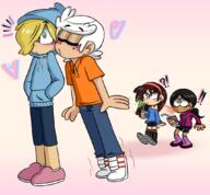 ! 2021 artist:puppyface beverage blushing character:lincoln_loud character:nikki character:ronnie_anne_santiago character:sid_chang eyes_closed hearts holding_beverage holding_object kissing nikkicoln on_toes shocked // 1062x982 // 453KB