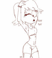 2017 alternate_outfit armpit artist:pyg character:leni_loud gym_clothes looking_down midriff one_eye_closed raised_arm sketch solo stretching sweat text // 890x1000 // 73KB