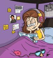 2016 alternate_outfit artist_request bed book calendar character:luan_loud eric_andre hair_down half-closed_eyes hand_on_cheek headphones holding_object in_bed looking_down photo pillow reading sleepwear solo // 1280x1406 // 719KB