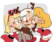 alternate_outfit artist:mmcgtw bending_over blushing character:leni_loud character:linka_loud character:lori_loud christmas christmas_outfit holiday kissing looking_at_another reindeer_ears sitting yuri // 1629x1267 // 891.6KB