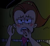 2021 alternate_outfit artist:stikyfinkaz blushing character:lincoln_loud character:luan_loud drool fanfiction:platz_eins half-closed_eyes hand_on_mouth hand_support looking_at_viewer luancoln lying mime on_back open_mouth pov saliva steam tongue_out // 1547x1423 // 1.2MB