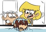 2018 artist:donchibi bath bathtub character:lincoln_loud character:lisa_loud character:lori_loud edit frowning holding_object looking_at_another wet // 675x477 // 162.5KB