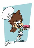2019 aged_down artist:jose-miranda cake character:lynn_loud_sr chef_hat food genderswap holding_food holding_object looking_at_viewer smiling solo // 926x1300 // 82.5KB